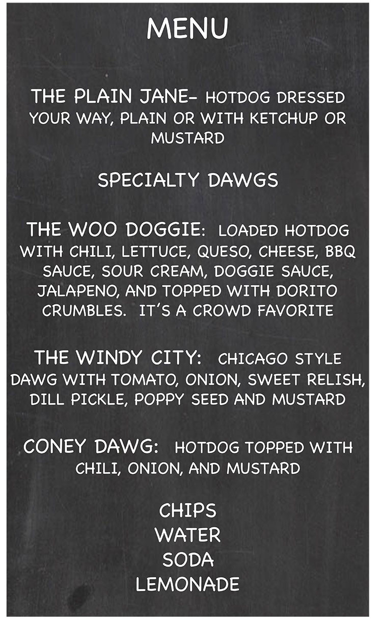 Woo Doggies Hotdog Stand Menu